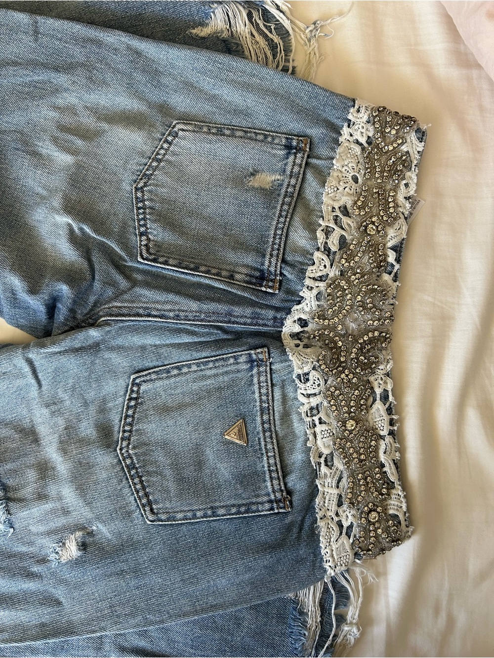 Vintage Guess Blue Embellished Lace-Trim Denim jeans